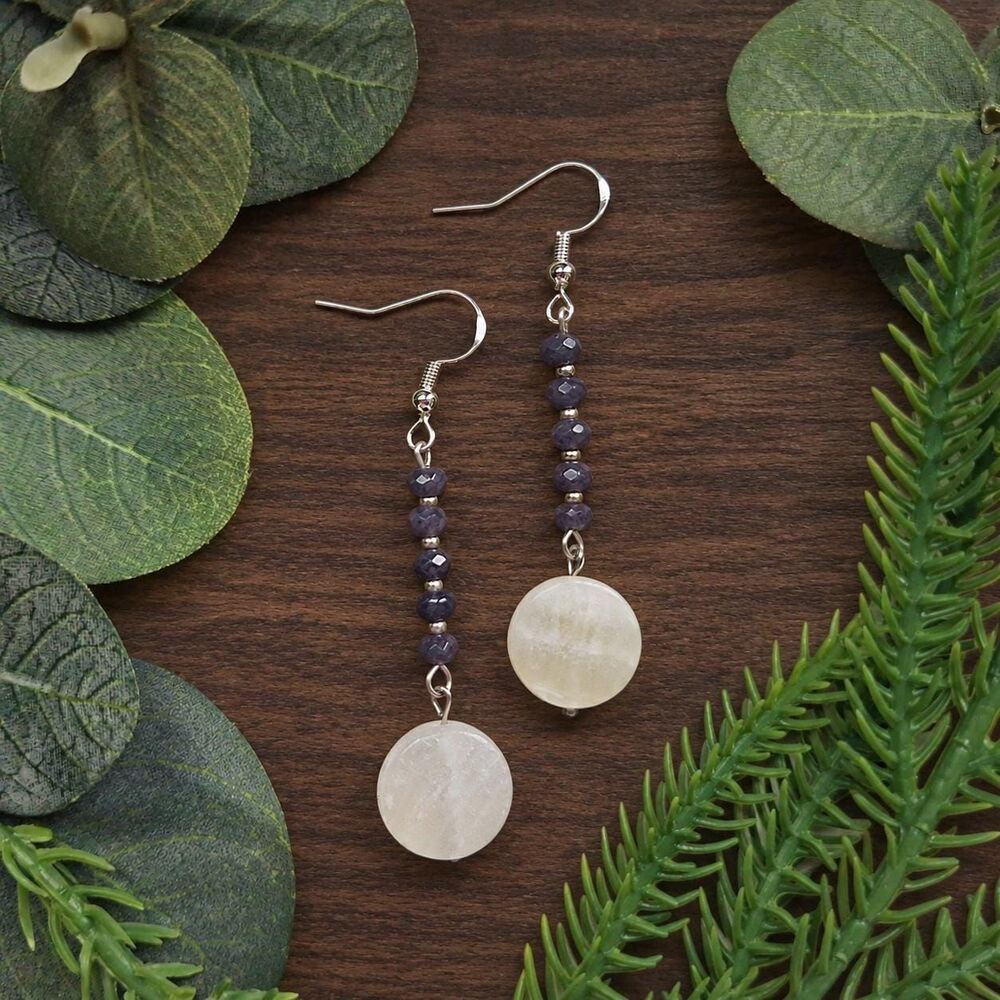 Grey Agate & Milky Quartz Dangle Earrings, Long Silver Drop